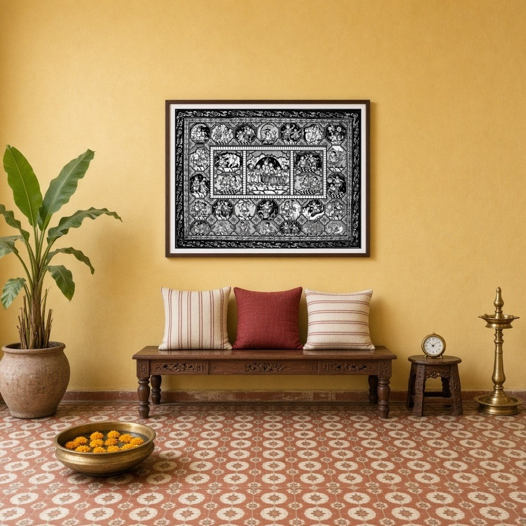 Experience the enchanting narrative of Krishna and Radha in this stunning black and white for Entrance