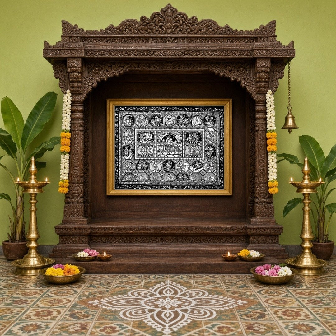 Experience the enchanting narrative of Krishna and Radha in this stunning black and white for Home Temple