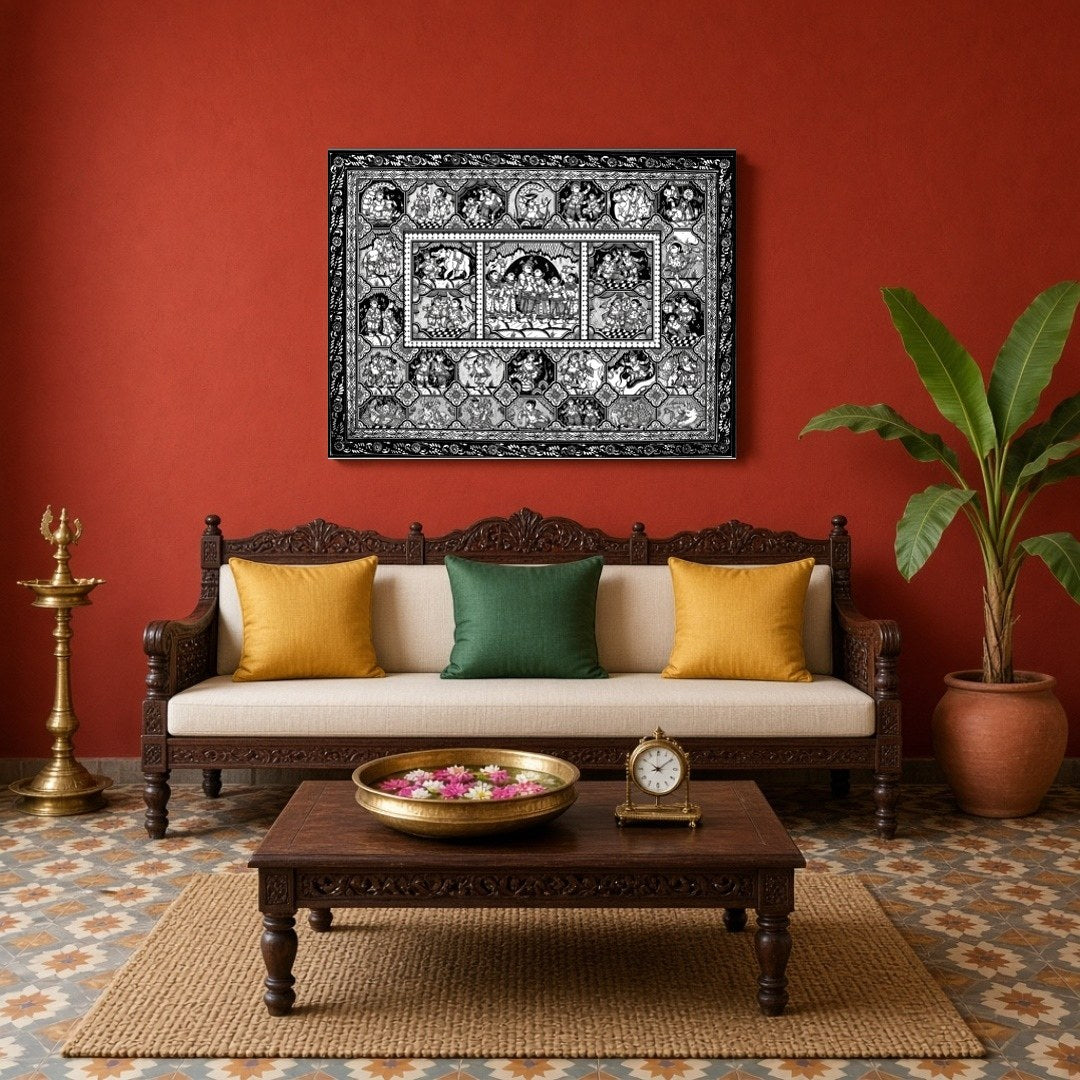 Experience the enchanting narrative of Krishna and Radha in this stunning black and white for Living Room
