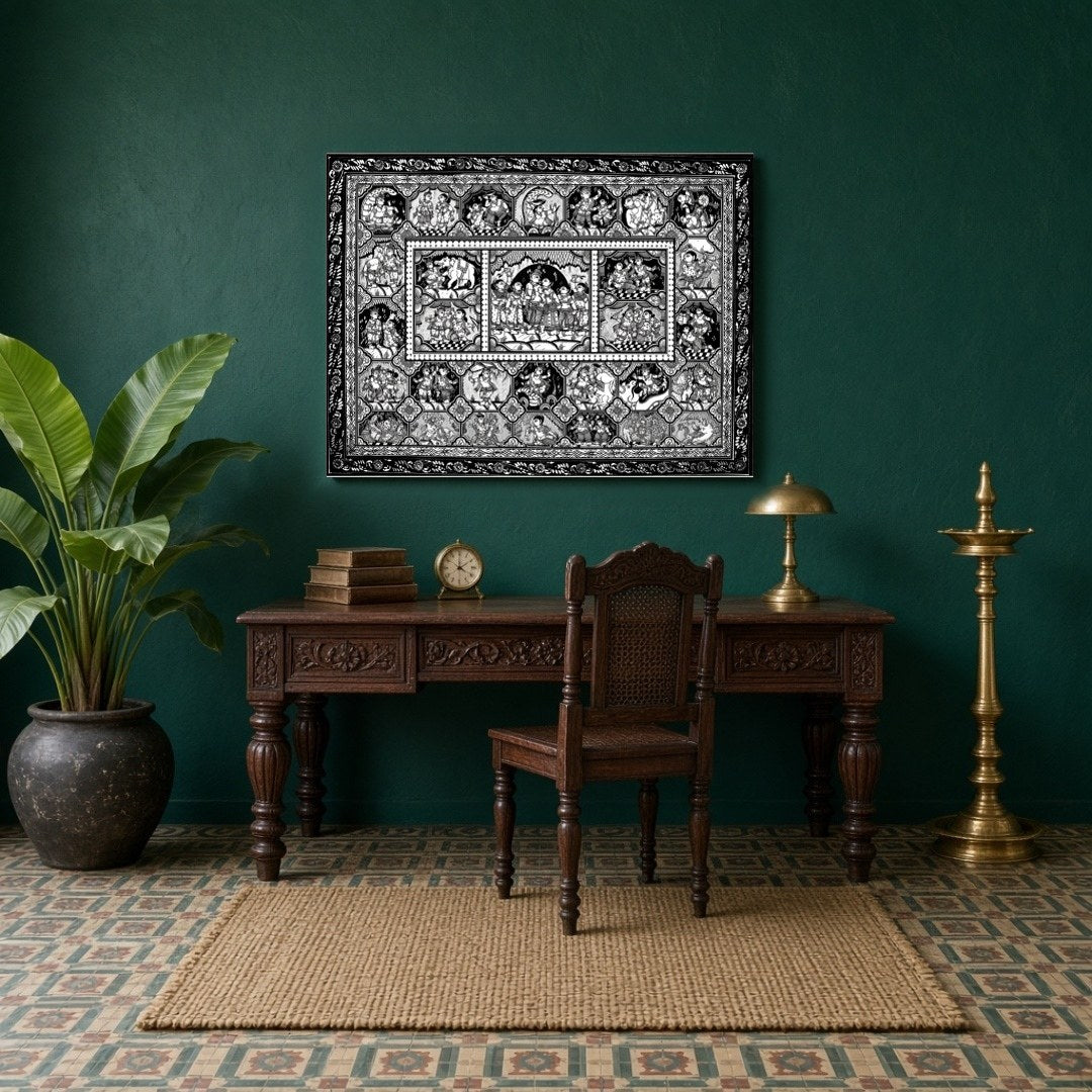 Experience the enchanting narrative of Krishna and Radha in this stunning black and white for Study