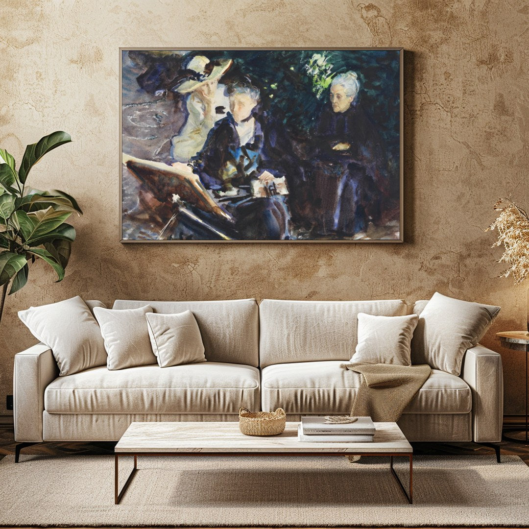 This captivating painting captures a serene moment of introspection among three women, rendered in for Family Room