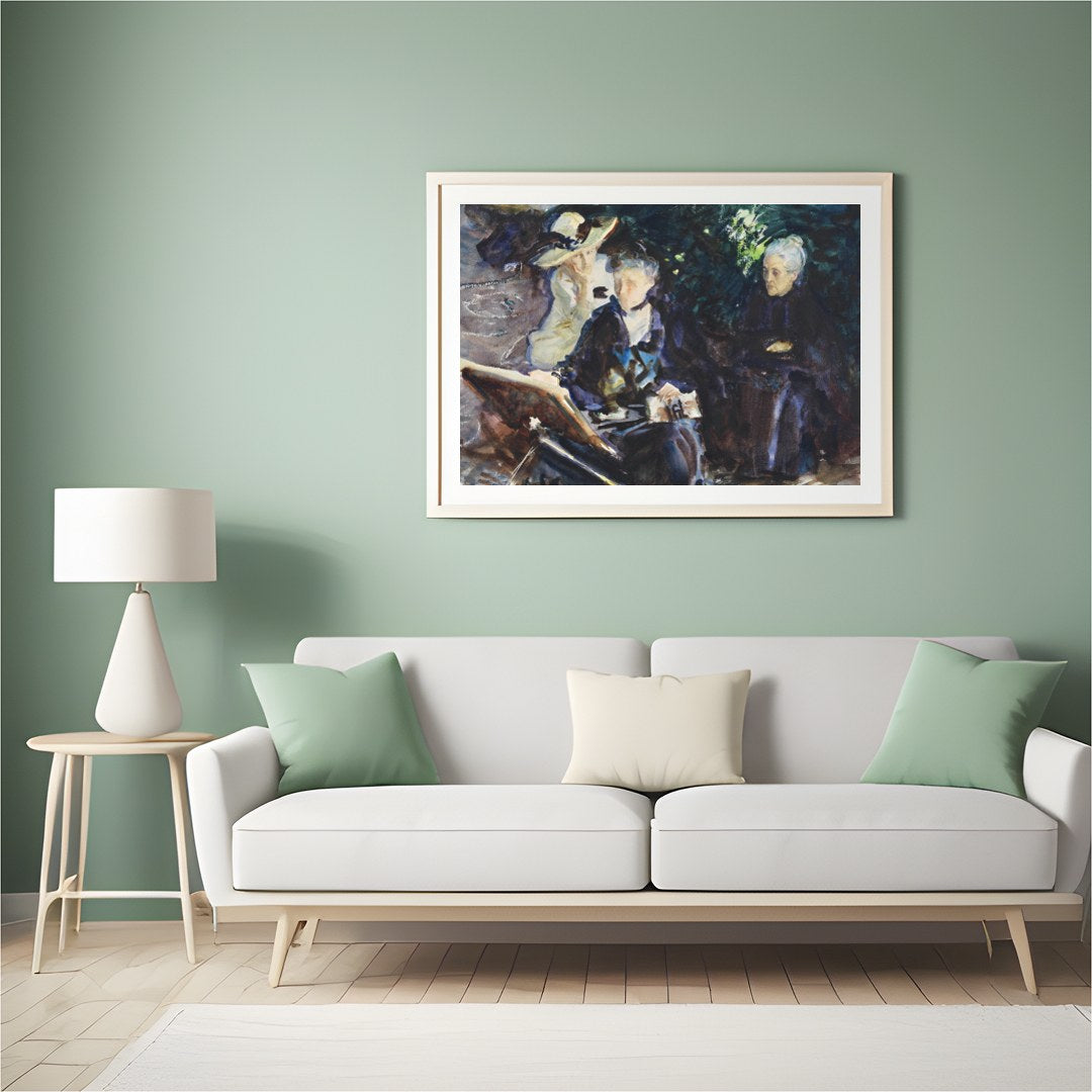This captivating painting captures a serene moment of introspection among three women, rendered in for Hall