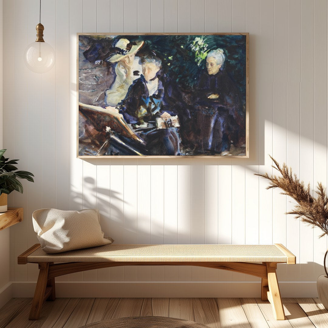 This captivating painting captures a serene moment of introspection among three women, rendered in for Hallway