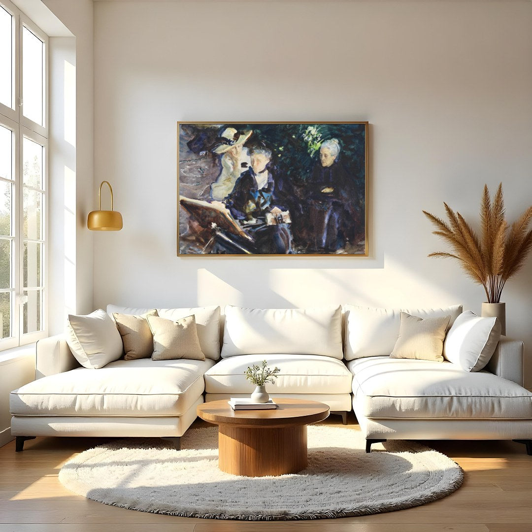 This captivating painting captures a serene moment of introspection among three women, rendered in for Living Room