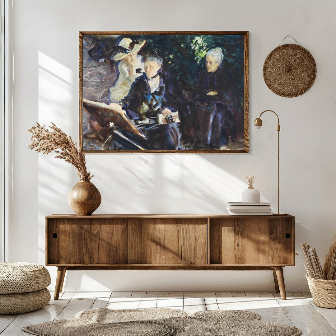 This captivating painting captures a serene moment of introspection among three women, rendered in for Sitting Area