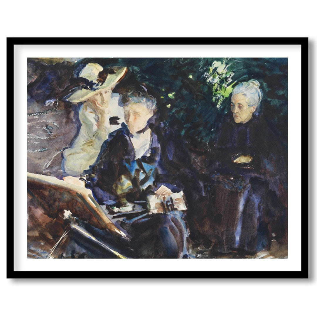 This captivating painting captures a serene moment of introspection among three women, rendered in for sweet-home