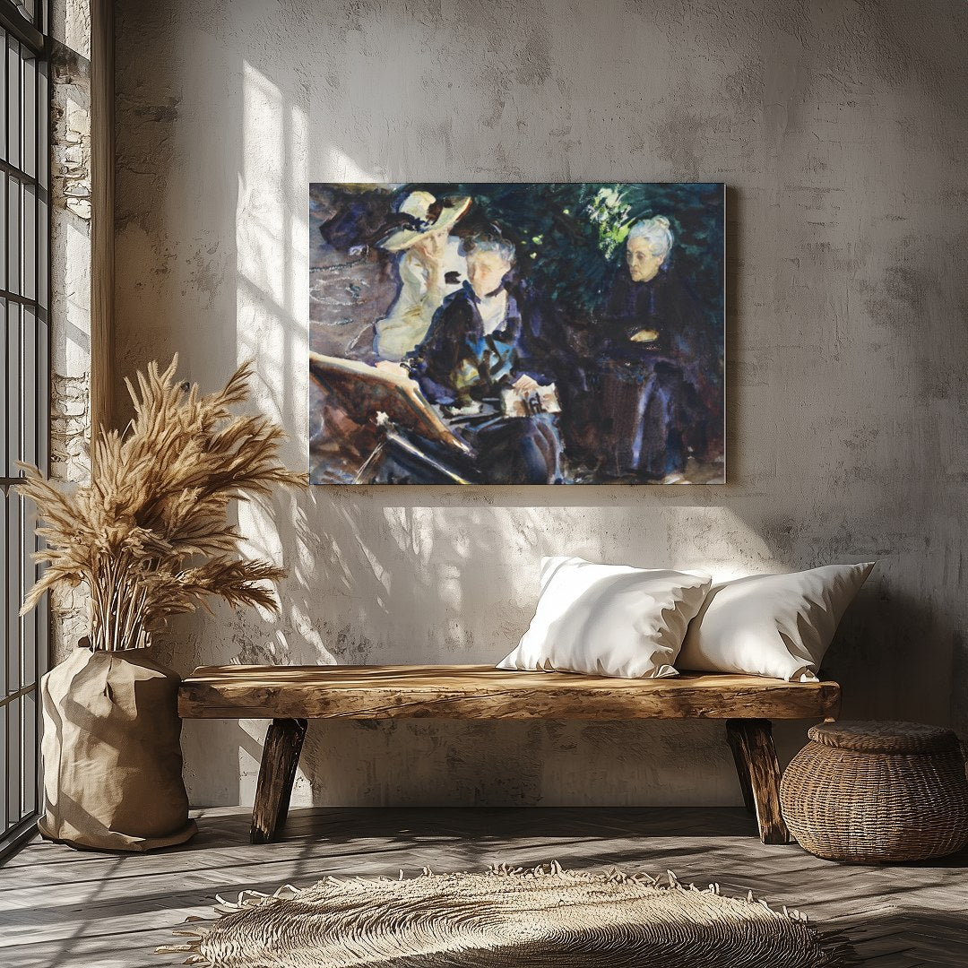 This captivating painting captures a serene moment of introspection among three women, rendered in for Veranda