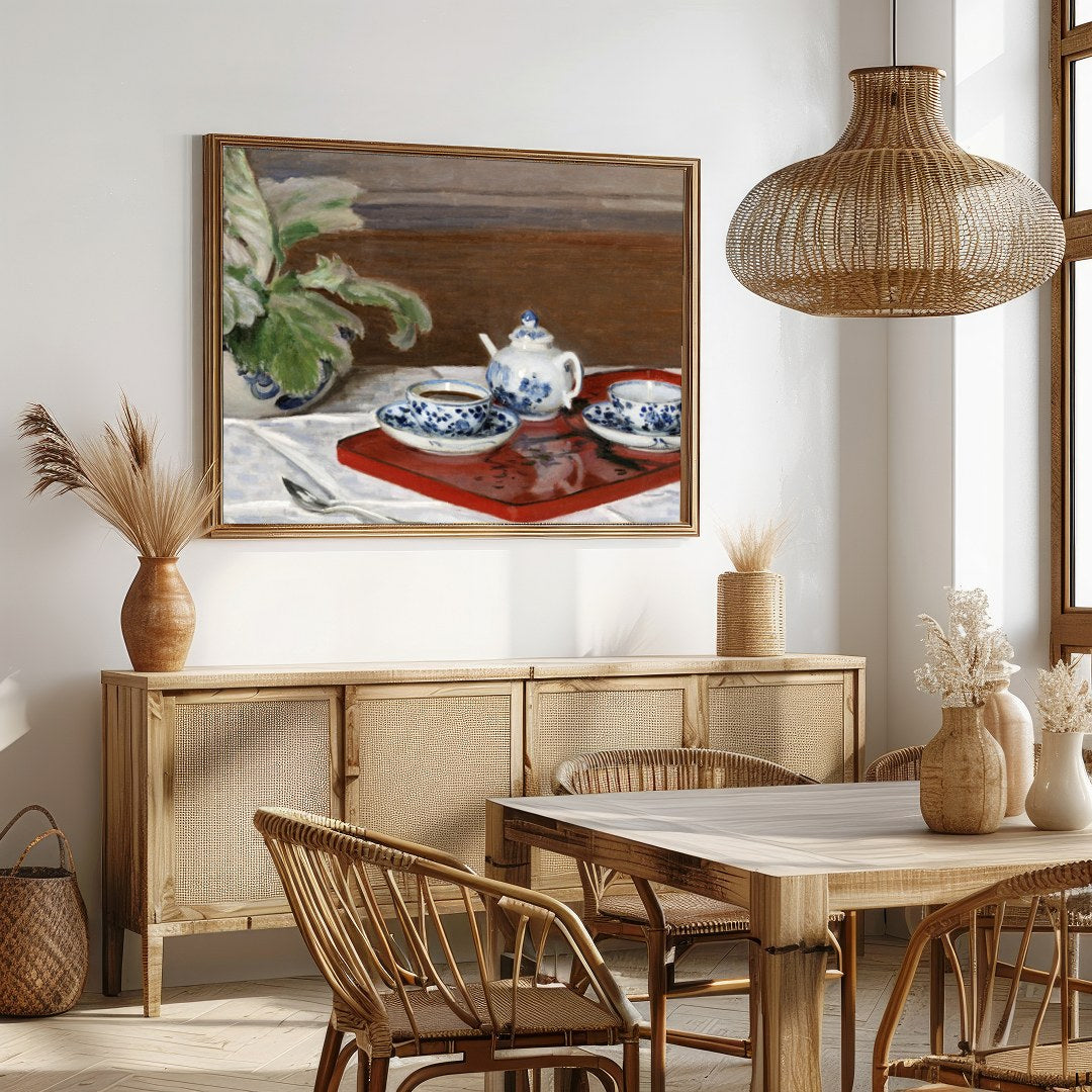 This captivating still life painting presents a classic tea set with intricate blue floral designs for Dining