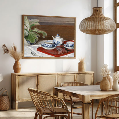 This captivating still life painting presents a classic tea set with intricate blue floral designs for Dining