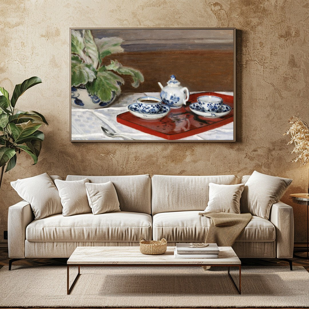 This captivating still life painting presents a classic tea set with intricate blue floral designs for Family Room