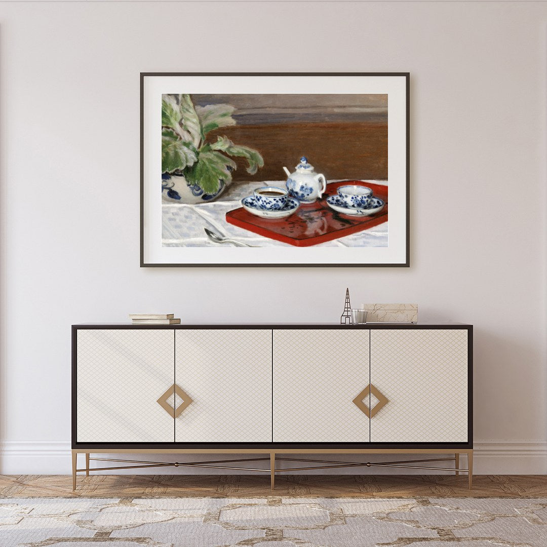 This captivating still life painting presents a classic tea set with intricate blue floral designs for Foyer