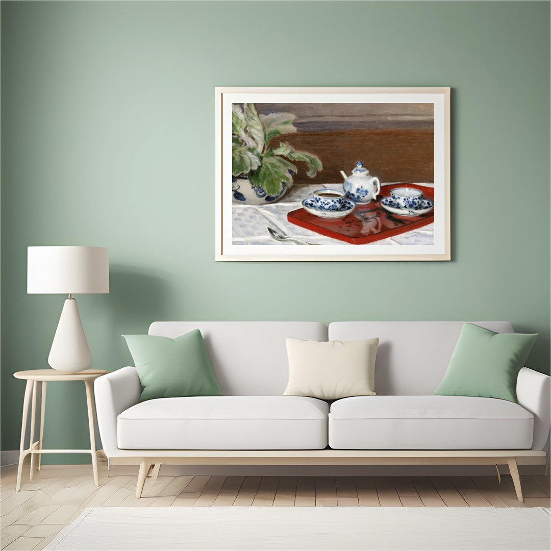 This captivating still life painting presents a classic tea set with intricate blue floral designs for Hall