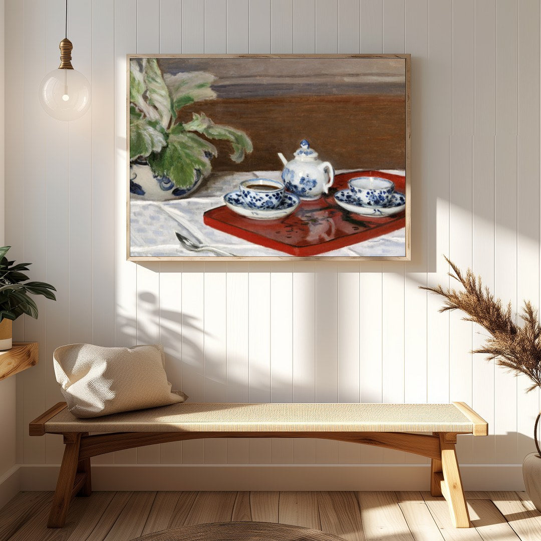 This captivating still life painting presents a classic tea set with intricate blue floral designs for Hallway
