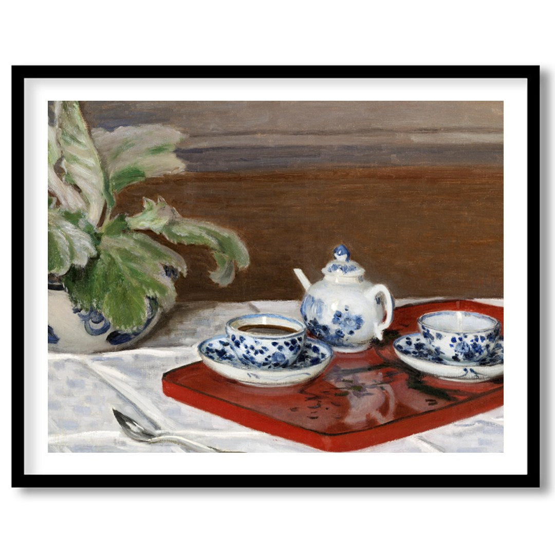 This captivating still life painting presents a classic tea set with intricate blue floral designs for kitchen