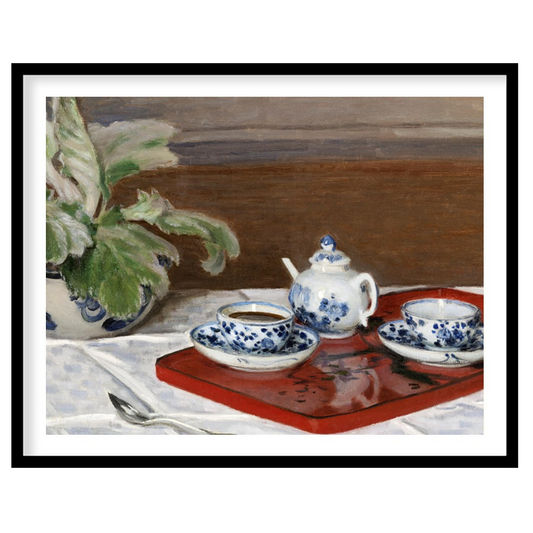 This captivating still life painting presents a classic tea set with intricate blue floral designs for kitchen