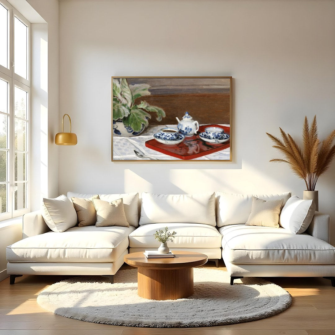 This captivating still life painting presents a classic tea set with intricate blue floral designs for Living Room