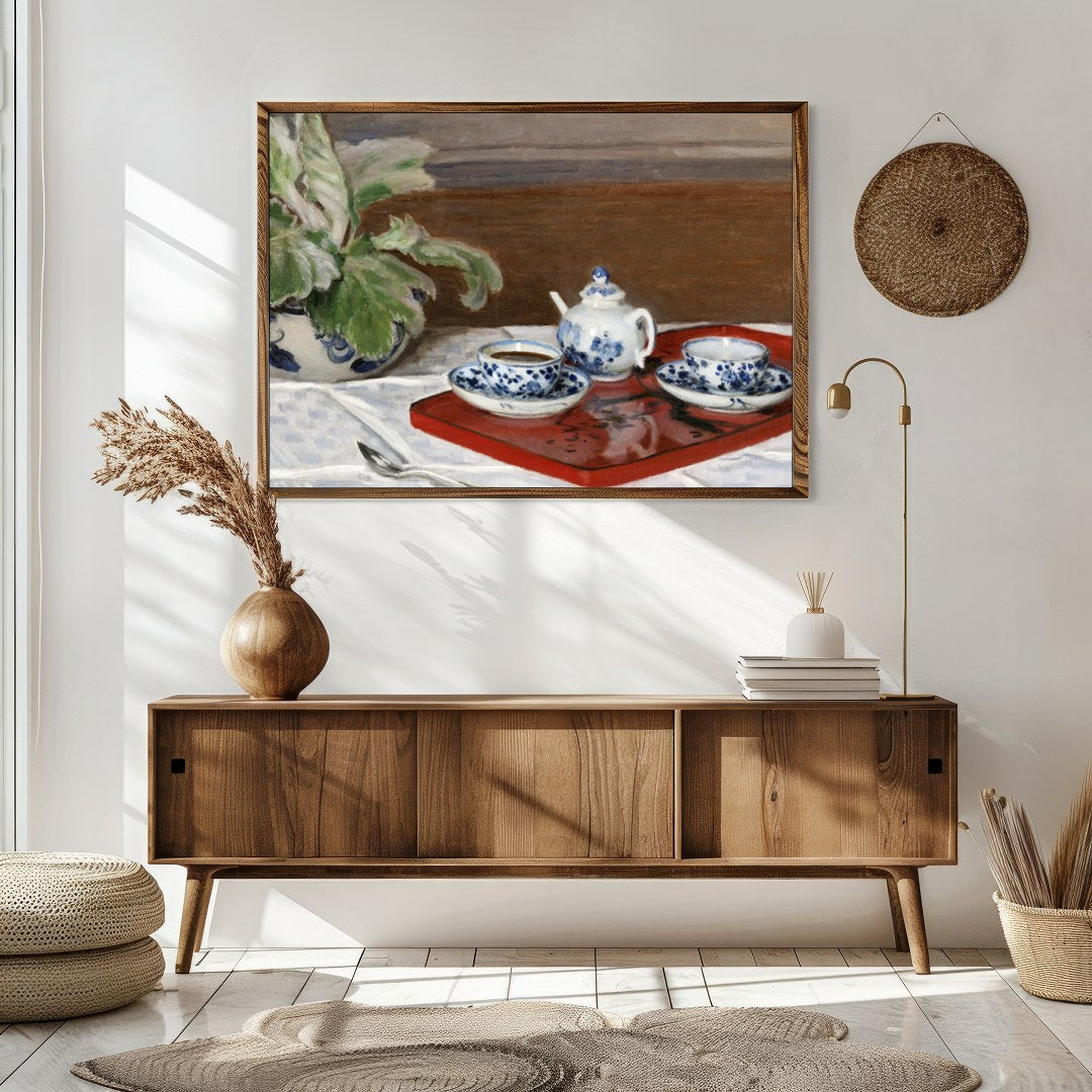 This captivating still life painting presents a classic tea set with intricate blue floral designs for Sitting Area