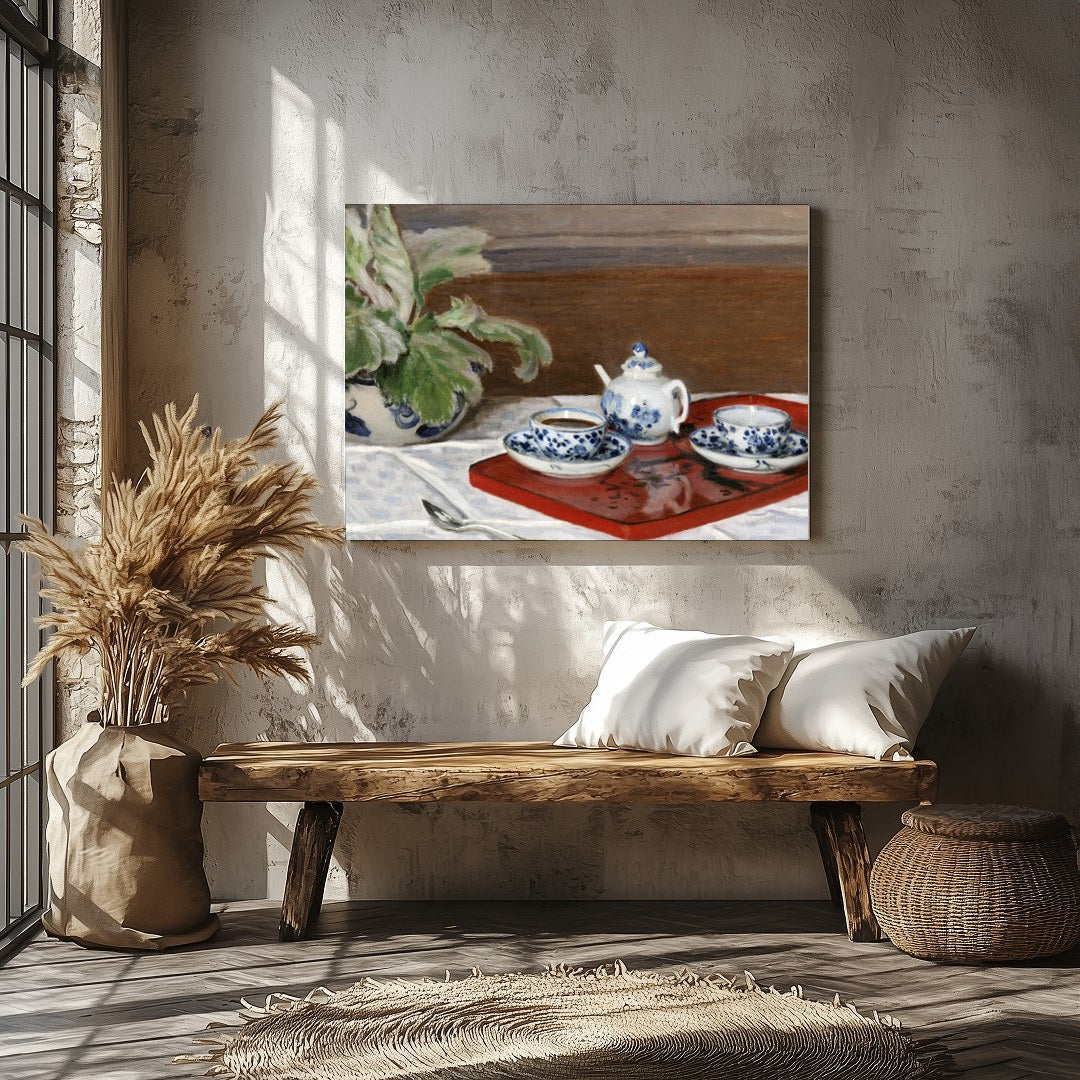 This captivating still life painting presents a classic tea set with intricate blue floral designs for Veranda
