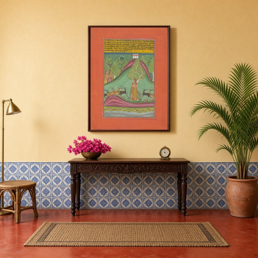 Immerse yourself in the melodic grace of Todi Ragini, where a poised nayika stands amidst a for Hallway