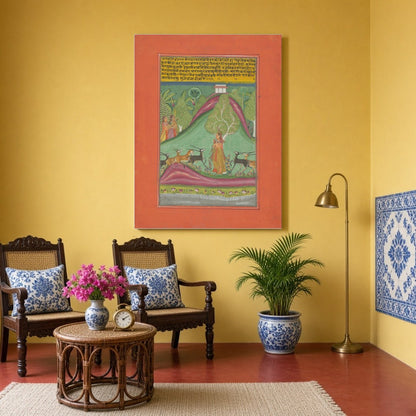 Immerse yourself in the melodic grace of Todi Ragini, where a poised nayika stands amidst a for Sitting Area