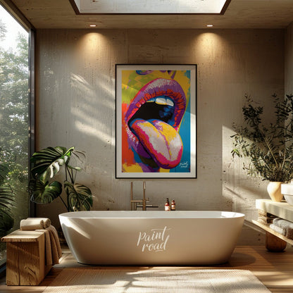 This beautiful painting is a vibrant and playful close-up portrait focusing on a woman's expressive… for bathroom