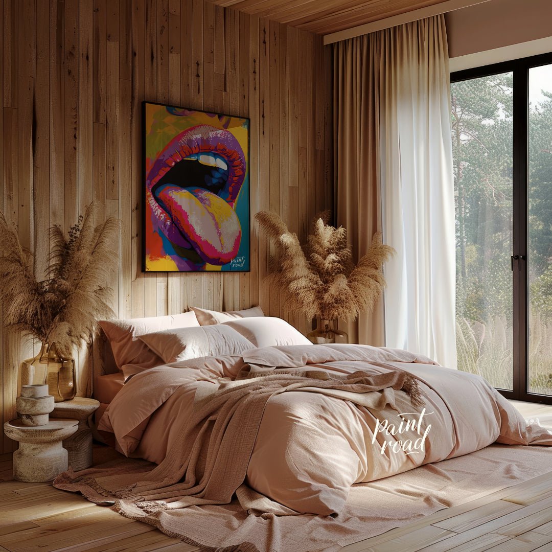 This beautiful painting is a vibrant and playful close-up portrait focusing on a woman's expressive… for bedroom