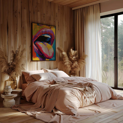 This beautiful painting is a vibrant and playful close-up portrait focusing on a woman's expressive… for bedroom