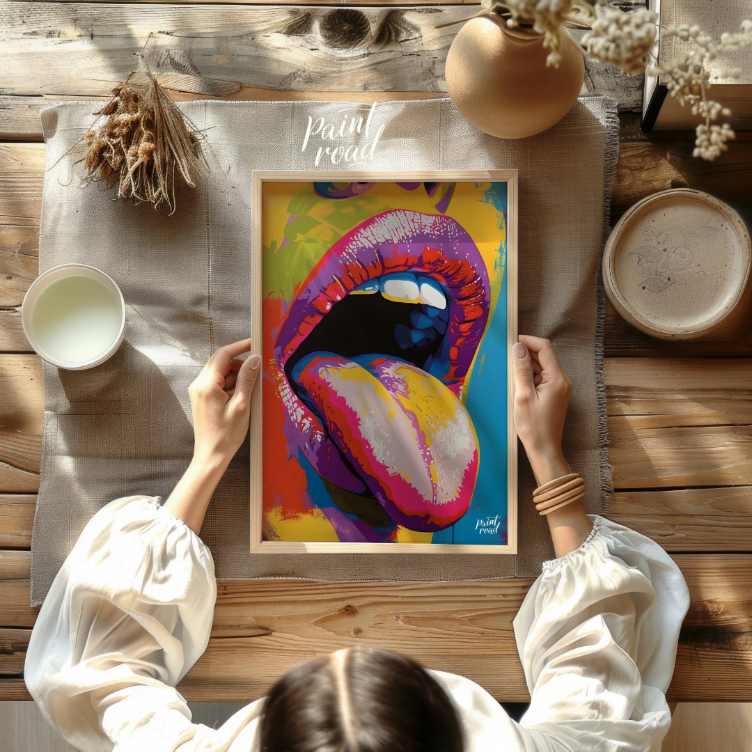 This beautiful painting is a vibrant and playful close-up portrait focusing on a woman's expressive… for dining room