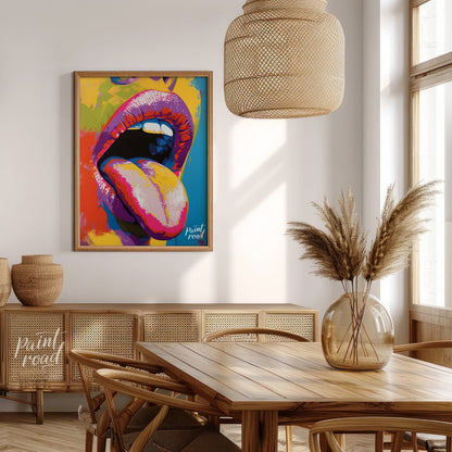 This beautiful painting is a vibrant and playful close-up portrait focusing on a woman's expressive… for dining room