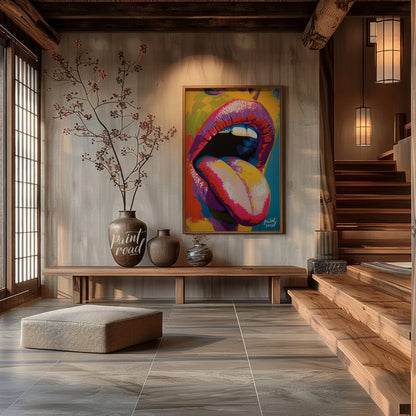 This beautiful painting is a vibrant and playful close-up portrait focusing on a woman's expressive… for entryway