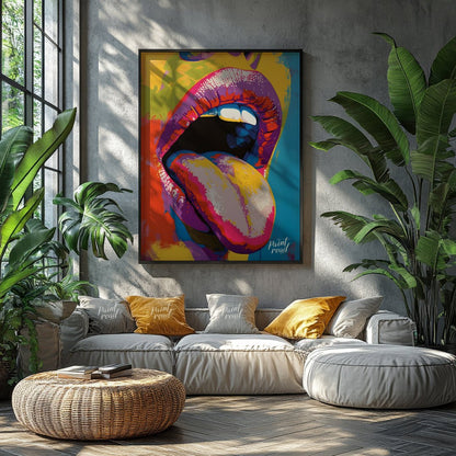 This beautiful painting is a vibrant and playful close-up portrait focusing on a woman's expressive… for living room