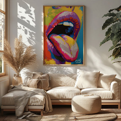 This beautiful painting is a vibrant and playful close-up portrait focusing on a woman's expressive… for living room