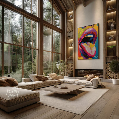 This beautiful painting is a vibrant and playful close-up portrait focusing on a woman's expressive… for living room
