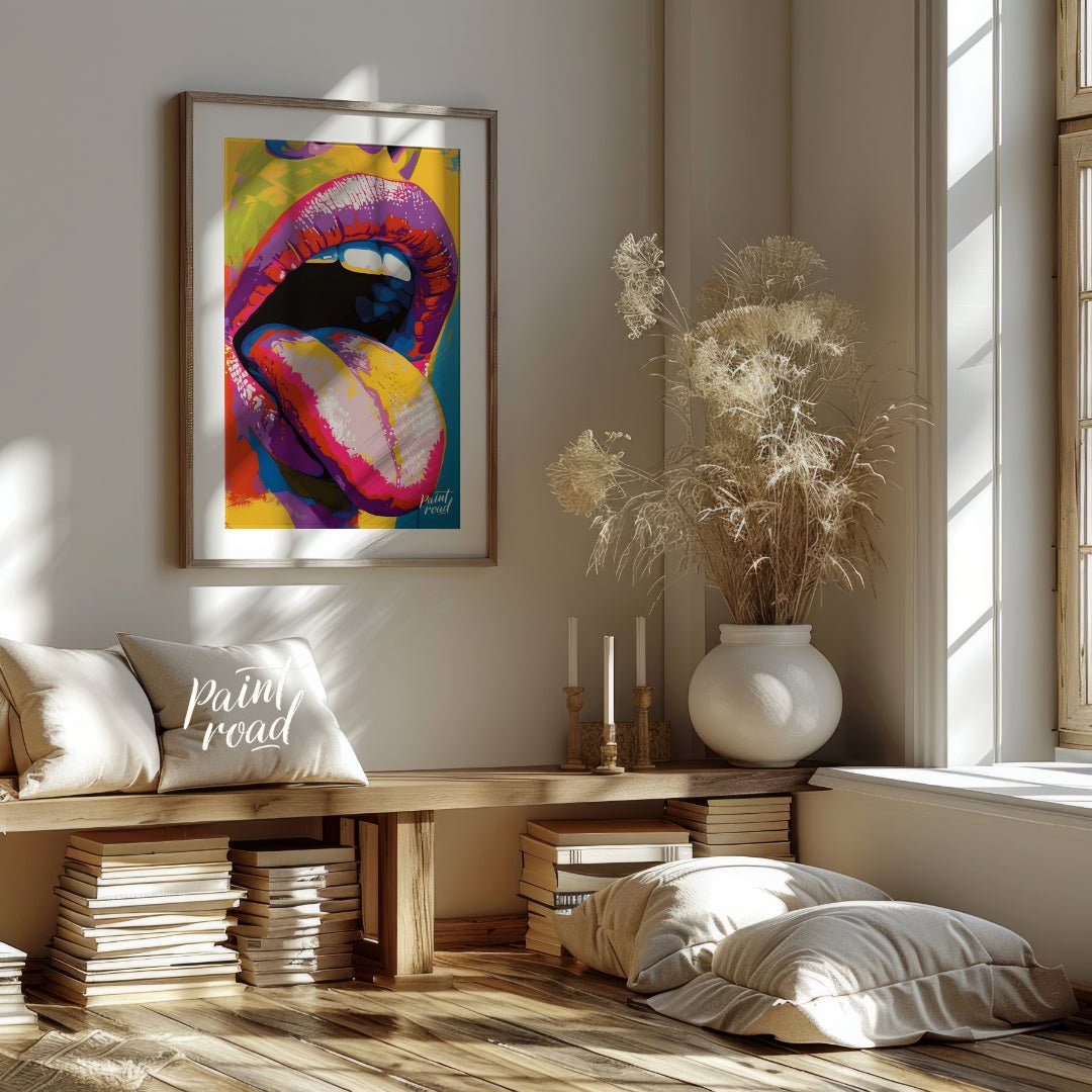 This beautiful painting is a vibrant and playful close-up portrait focusing on a woman's expressive… for living room