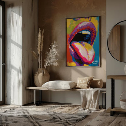 This beautiful painting is a vibrant and playful close-up portrait focusing on a woman's expressive… for living room