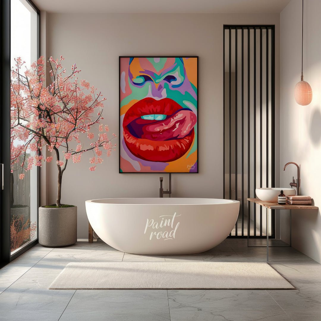 This beautiful painting is a vibrant and playful close-up portrait, focusing on a woman's expressiv… for bathroom