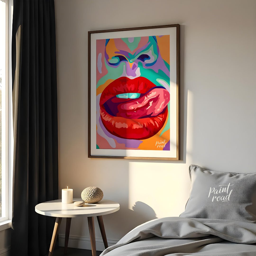 This beautiful painting is a vibrant and playful close-up portrait, focusing on a woman's expressiv… for bedroom