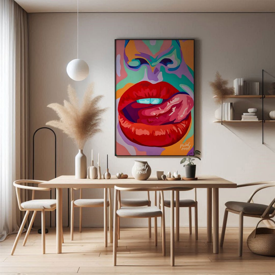 This beautiful painting is a vibrant and playful close-up portrait, focusing on a woman's expressiv… for dining room