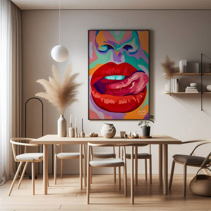 This beautiful painting is a vibrant and playful close-up portrait, focusing on a woman's expressiv… for dining room