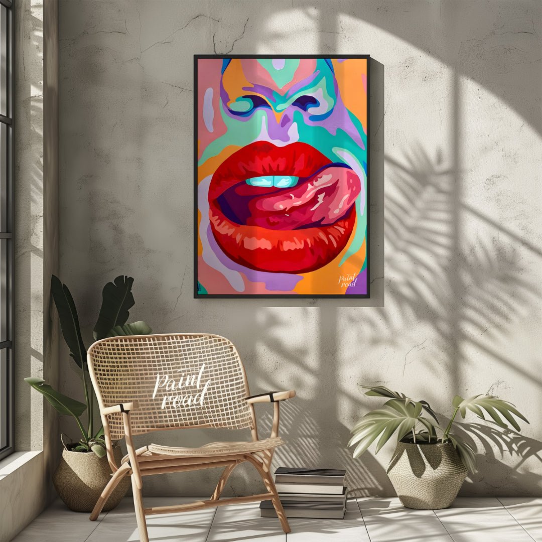 This beautiful painting is a vibrant and playful close-up portrait, focusing on a woman's expressiv… for living room