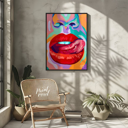 This beautiful painting is a vibrant and playful close-up portrait, focusing on a woman's expressiv… for living room