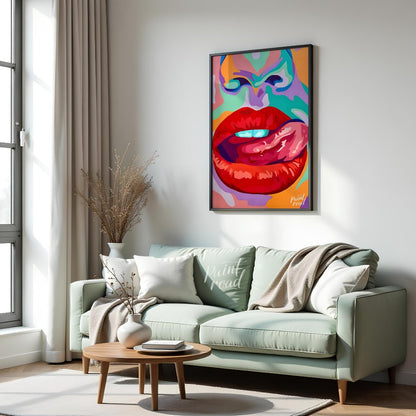This beautiful painting is a vibrant and playful close-up portrait, focusing on a woman's expressiv… for living room