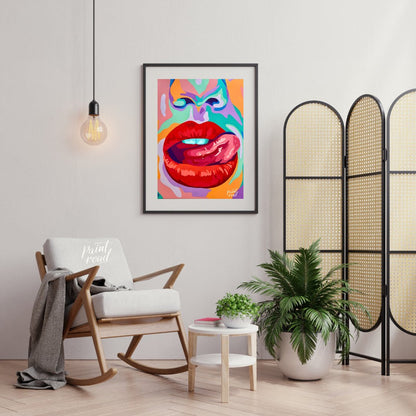 This beautiful painting is a vibrant and playful close-up portrait, focusing on a woman's expressiv… for living room