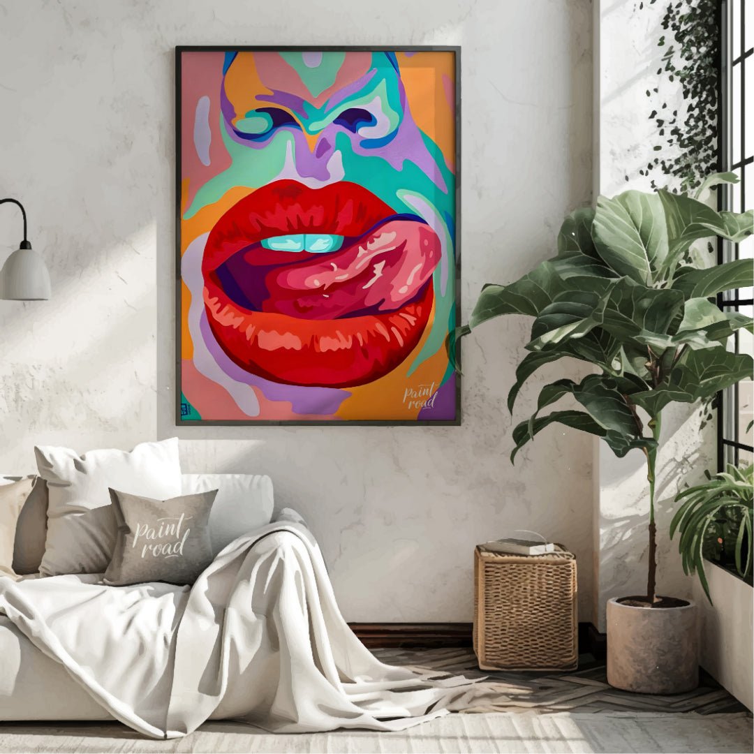 This beautiful painting is a vibrant and playful close-up portrait, focusing on a woman's expressiv… for living room