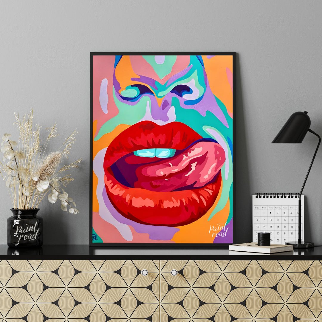 This beautiful painting is a vibrant and playful close-up portrait, focusing on a woman's expressiv… for office