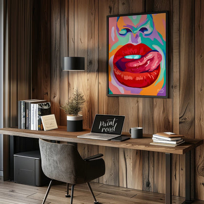 This beautiful painting is a vibrant and playful close-up portrait, focusing on a woman's expressiv… for office
