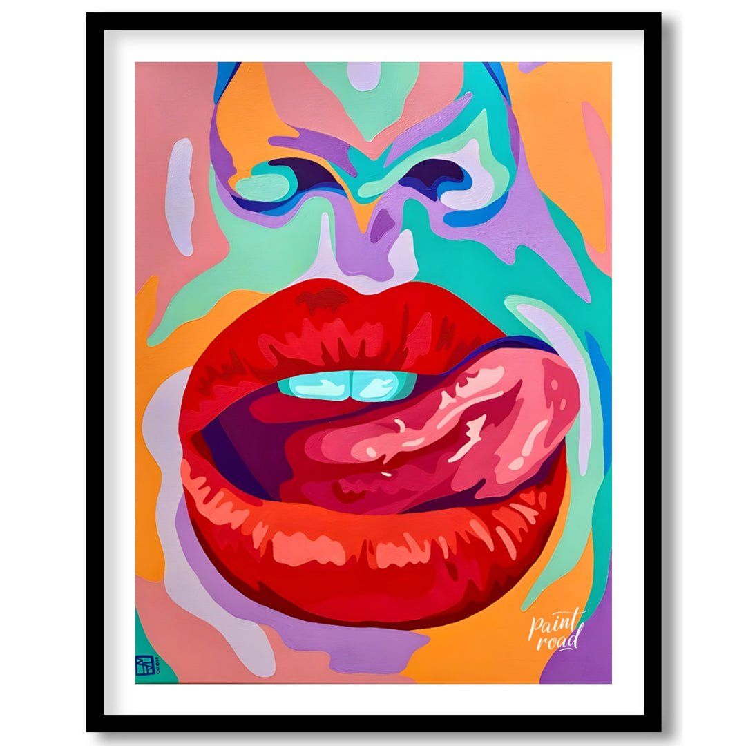 This beautiful painting is a vibrant and playful close-up portrait, focusing on a woman's expressiv… for place