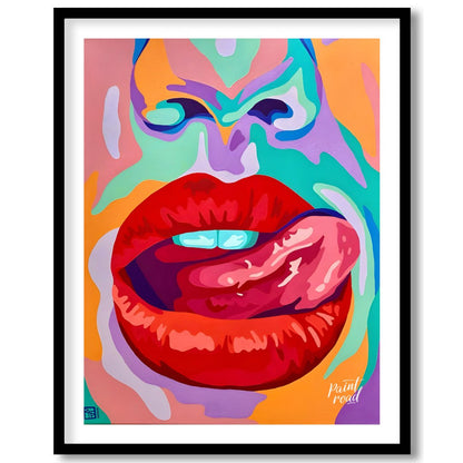 This beautiful painting is a vibrant and playful close-up portrait, focusing on a woman's expressiv… for place