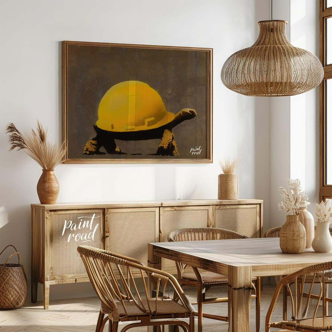 This humorous and subtly poignant art print features a Banksy stencil of a tortoise wearing a large… for dining room