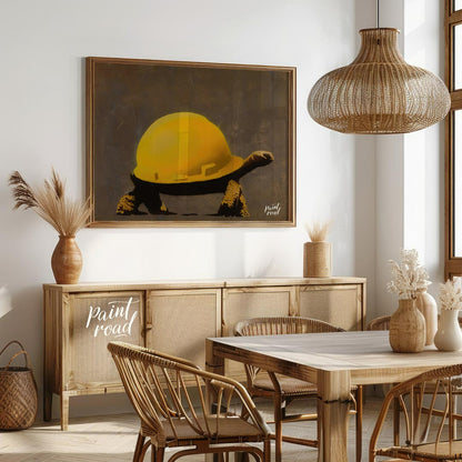 This humorous and subtly poignant art print features a Banksy stencil of a tortoise wearing a large… for dining room
